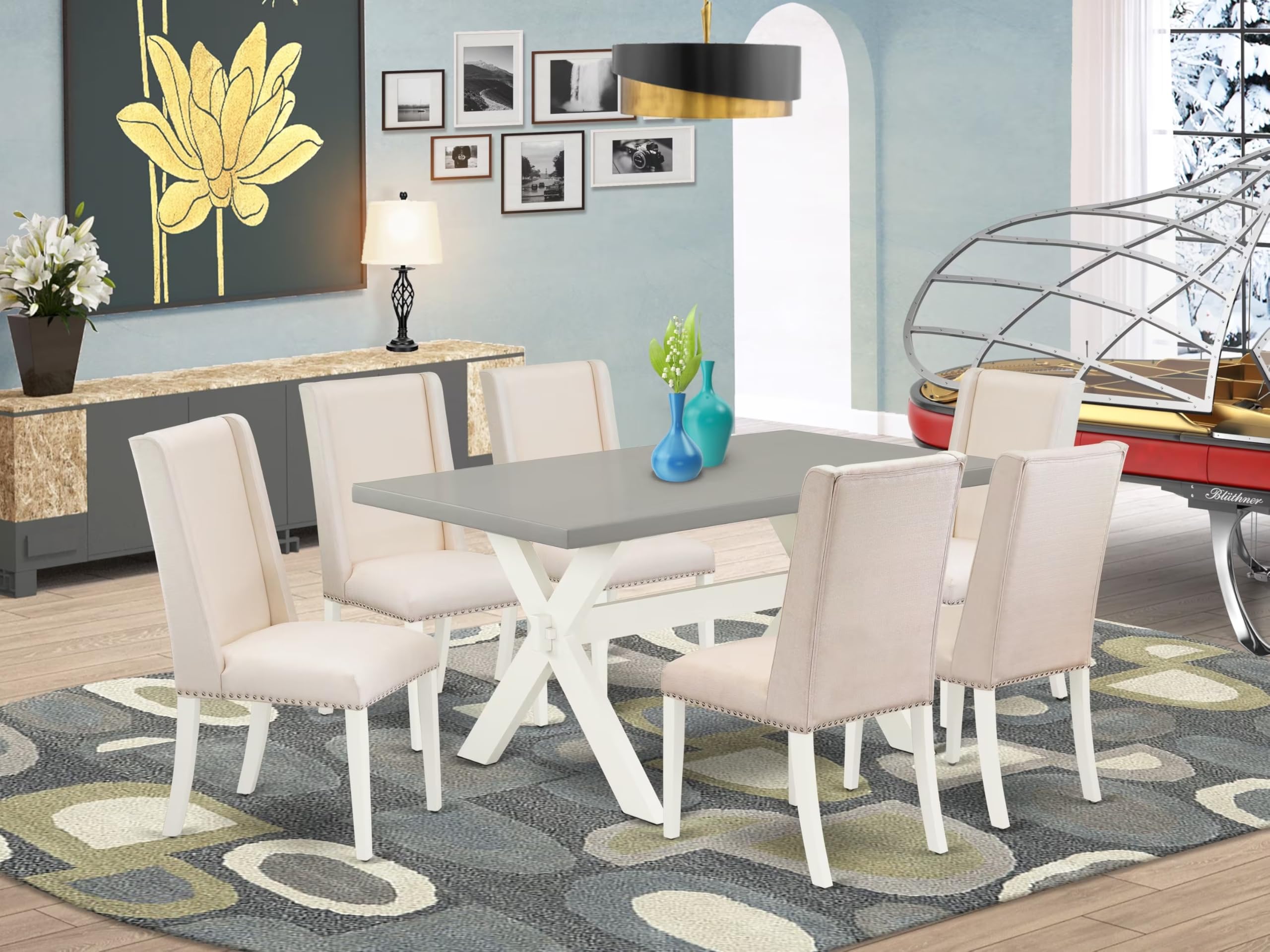 East West Furniture X096Fl201-7 7 Piece Modern Dining Table Set Consist Of A Rectangle Wooden Table With X-Legs And 6 Cream Linen Fabric Parson Dining Chairs, 36X60 Inch, Multi-Color